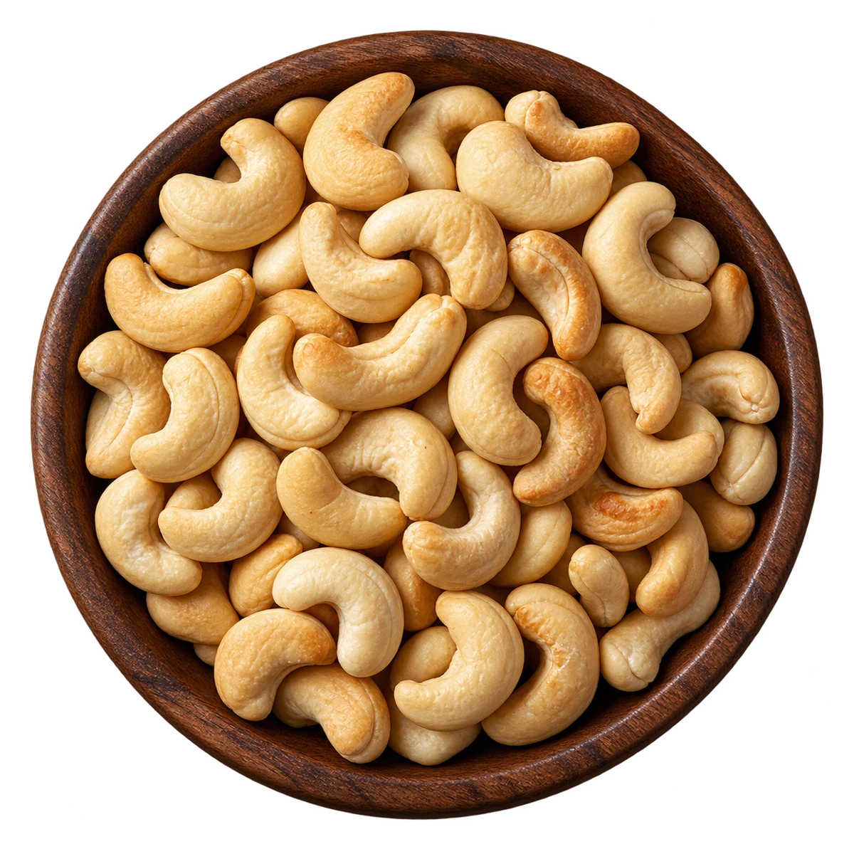 A wooden bowl filled with golden whole cashews