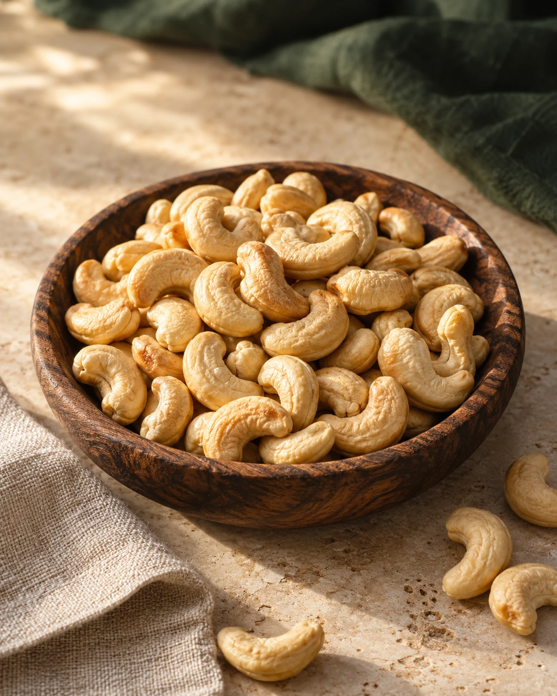 Whole roasted cashews in a wooden bowl, styled with natural linen and warm stone